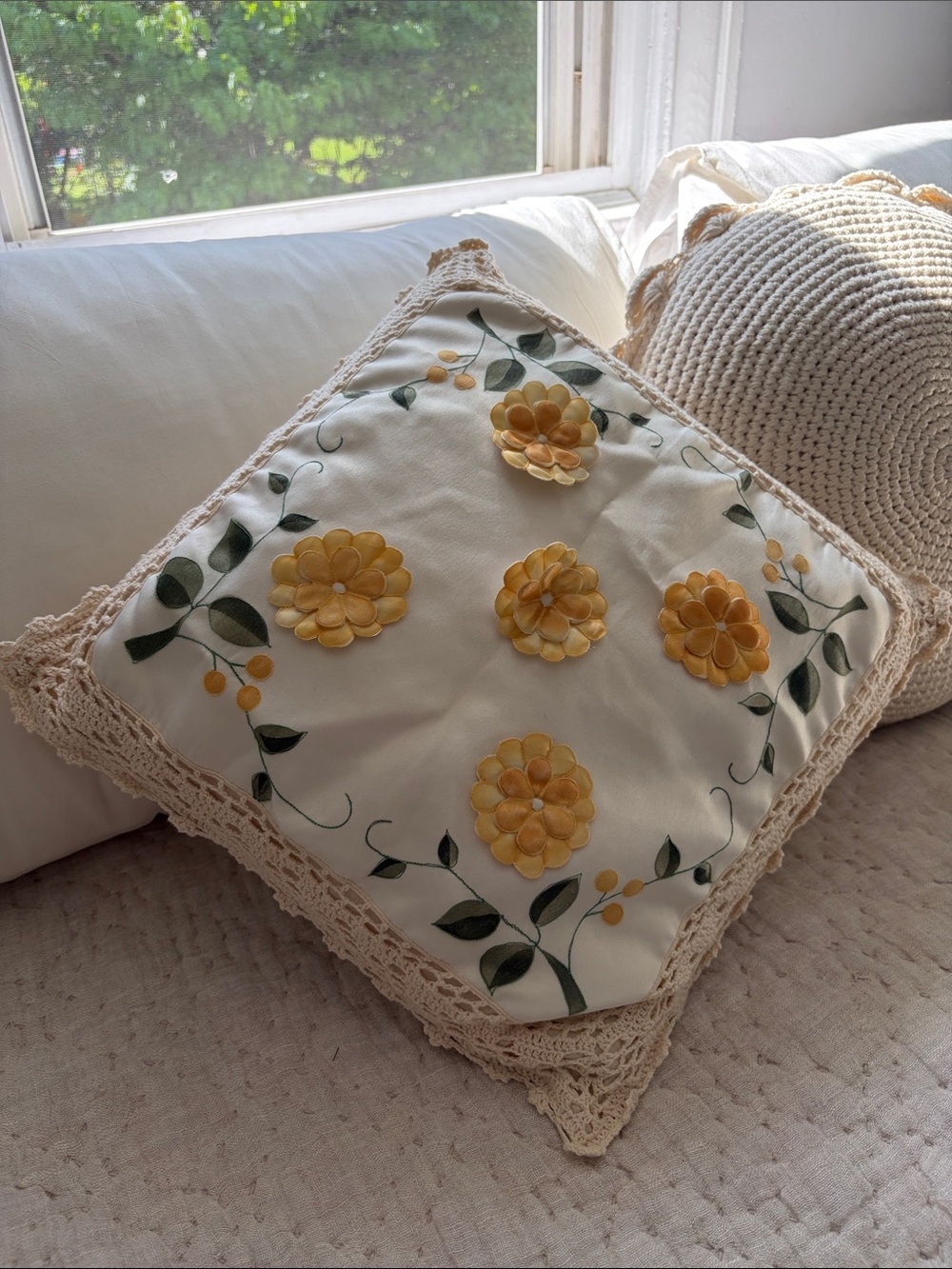 Embroidered Floral Crochet Edge Doily Pillow Cover - Floral